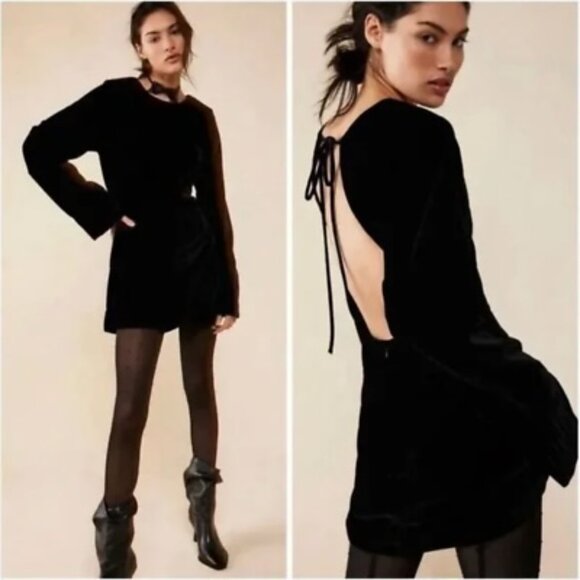 Free People Dresses & Skirts - NEW Free People Black Velvet Open Back Chelsea Long Sleeve Mini Dress Sz L